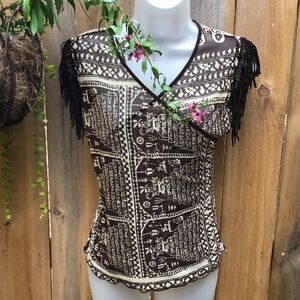 ANAC by Kimmy amazing mesh top with suede fringe sleeve accent EC